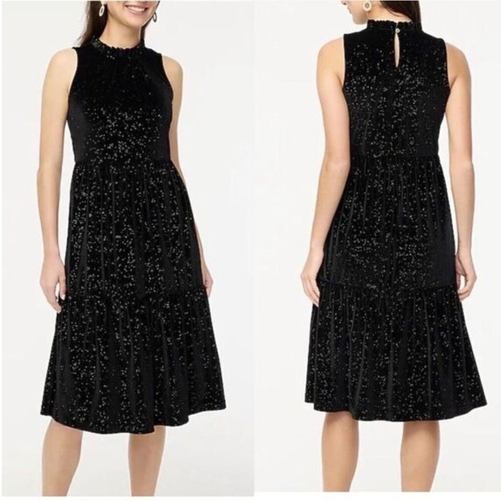 J. Crew NWT -1217 Shimmer Velvet Black Tiered‎ Midi Dress BV968 Womens Size 10